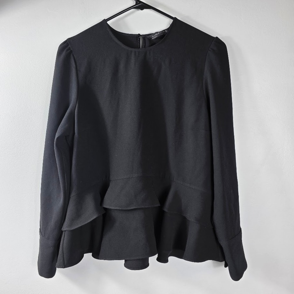 Zara Woman Sz M Black Ruffle Peplum Long Sleeve Top Shirt Womens‎